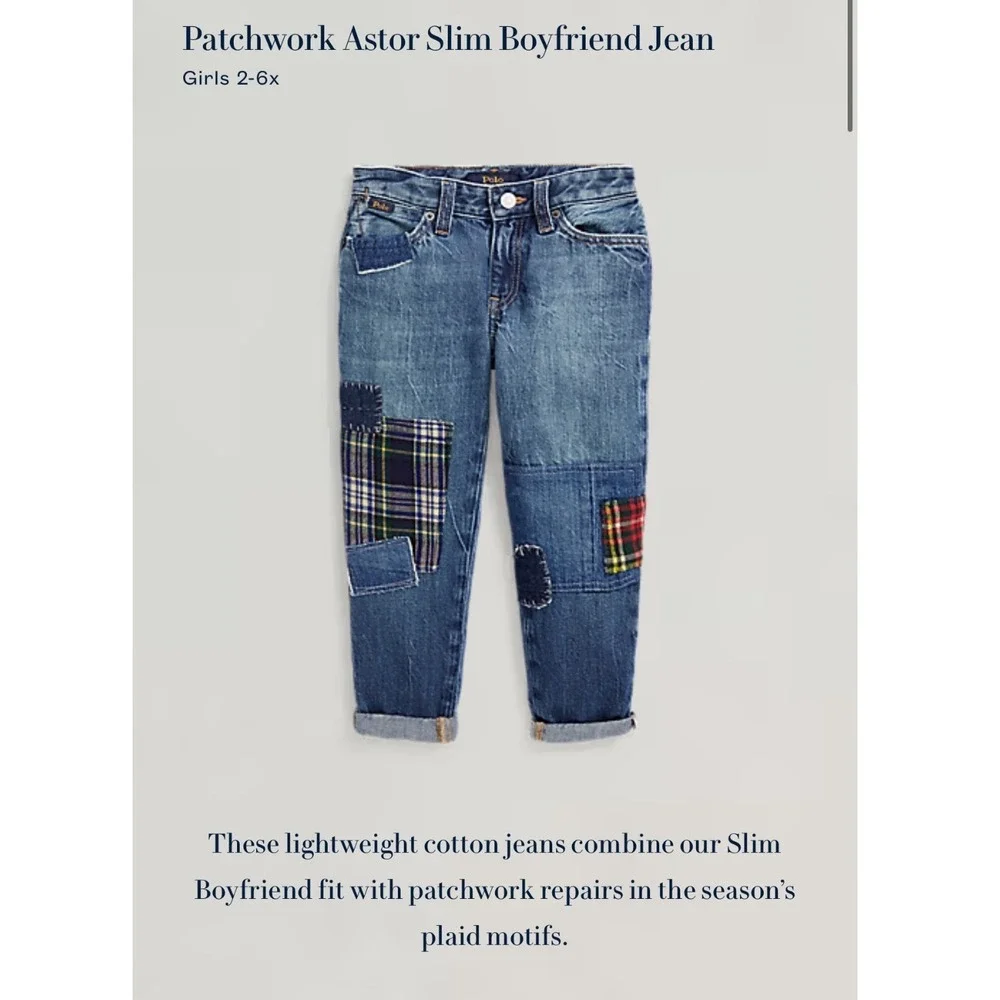 Polo Ralph Lauren Kids Patchwork Astor Slim Boyfriend Jeans Blue Plaid 3T NWT